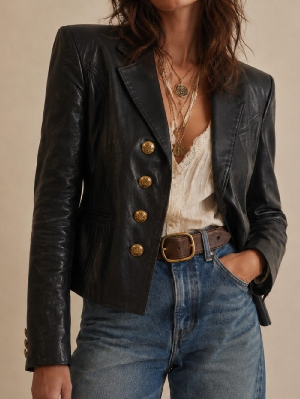 Vintage Evan Davies Black Leather Blazer Gold Crest Buttons Size 10 Padded
